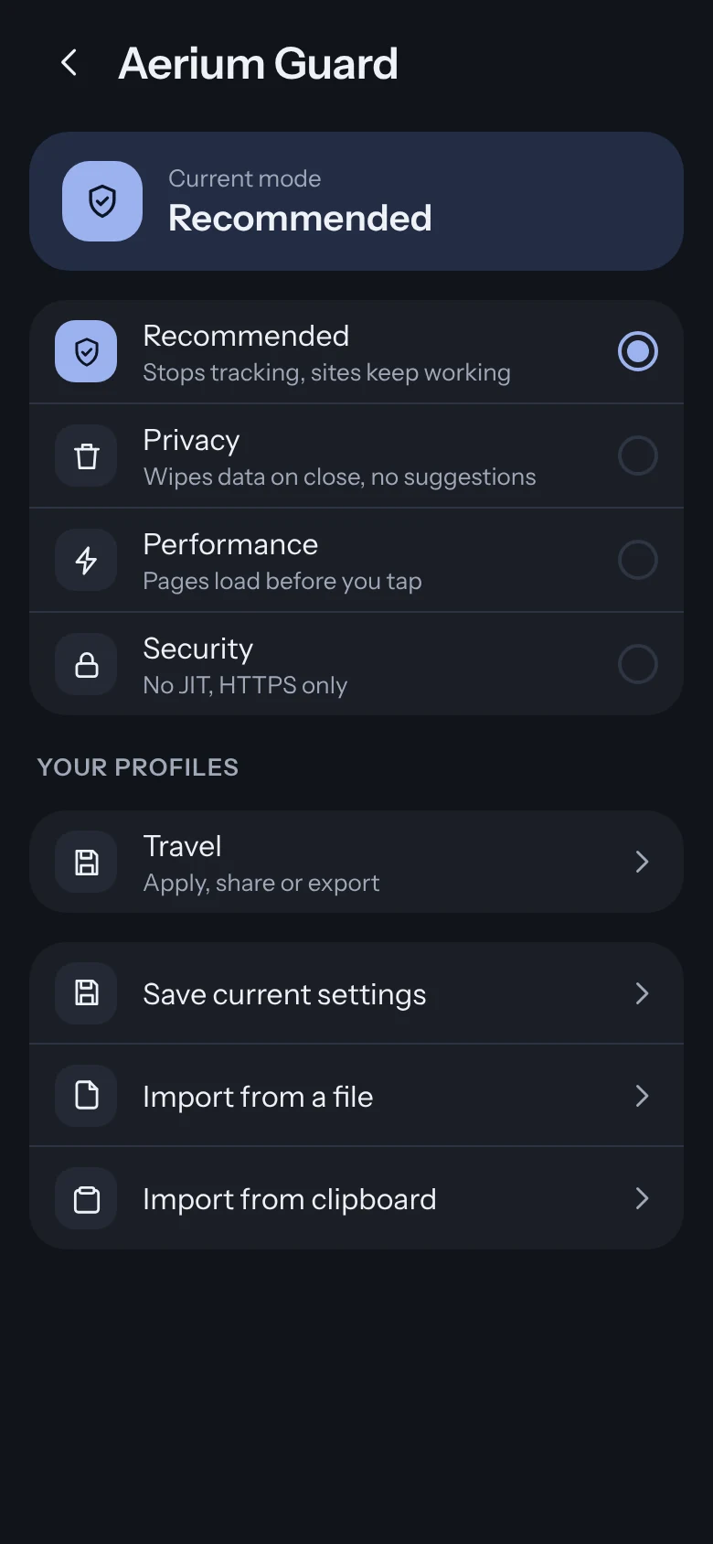 Aerium Guard with the Recommended mode, other modes and saved profiles